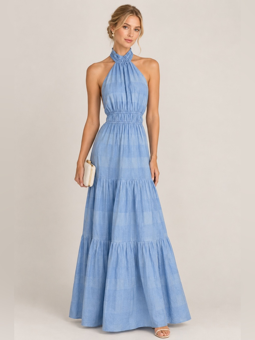 Significant Other Linen Cotton Blue Halter Tiered Maxi Dress Flowy Cottagecore 4
